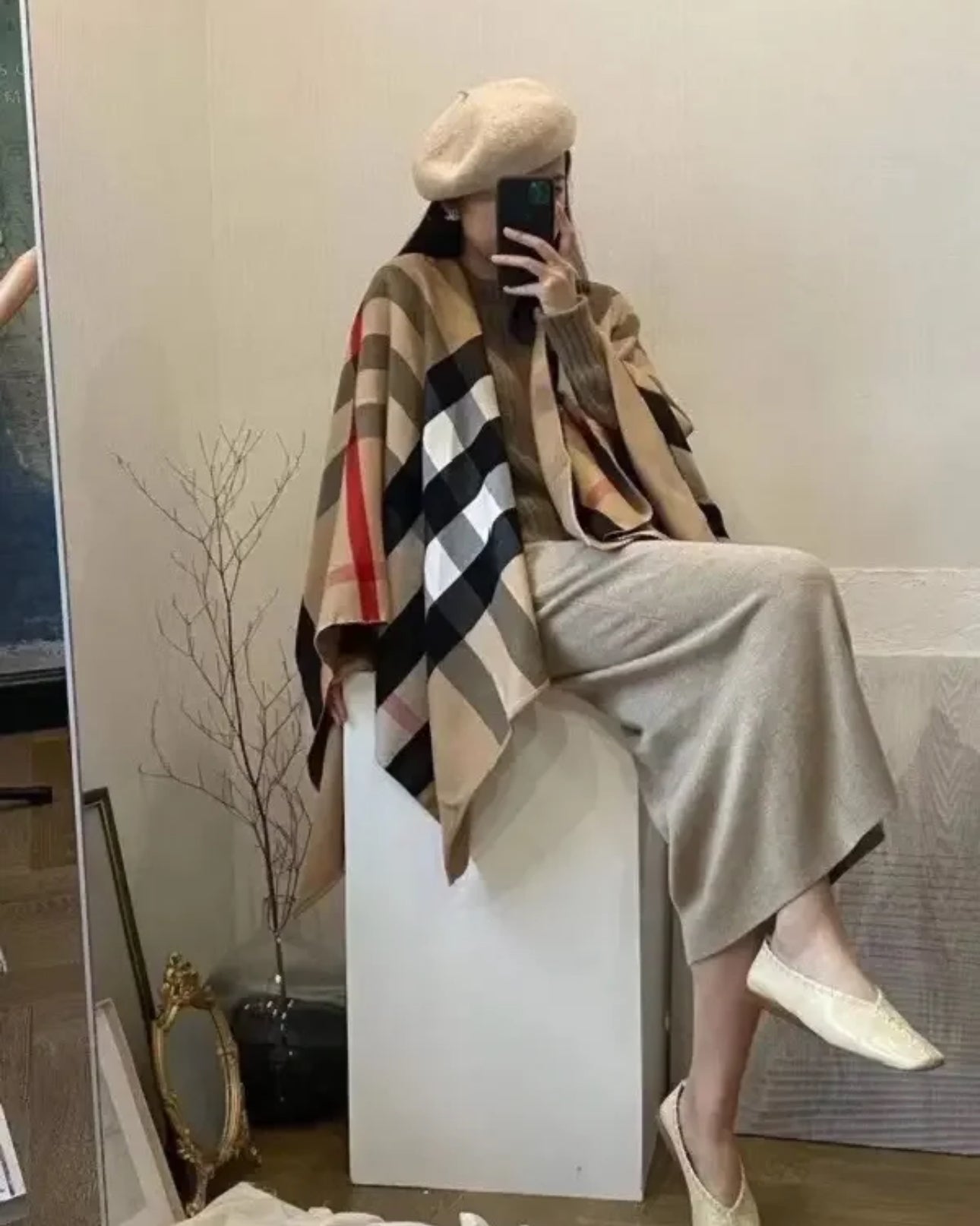 Beige Checker wool shawl
